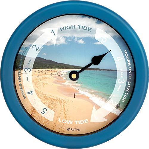 JUSTIME Tide Clock, 21.6 cm (8.5 Inch) Tidal Wall Clock with Water-Resistant Plastic Case, Colourful High & Low Tide Coastal Home Décor for UK & Atlantic Coastlines (TT023-Beach Blue)