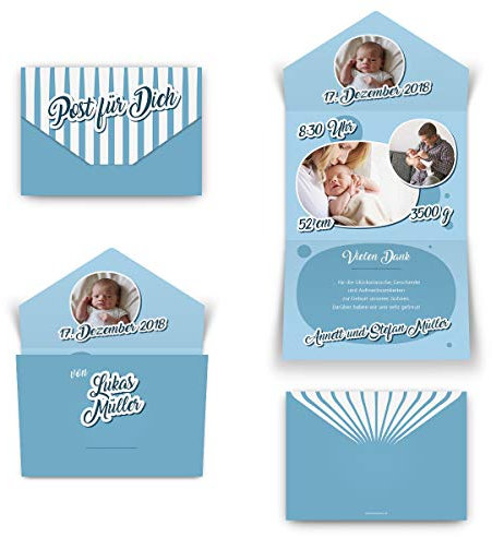 20 x Geburt Danksagungskarten Geburtskarten individuell mit Ihren Fotos und Texten als Klappkarte mit Steckverschluss für Jungen - Post für Dich Blau