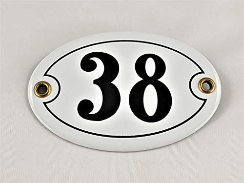 Emaille Hausnummer Schild Nr. 38, oval, Weiß-Schwarz Handarbeit