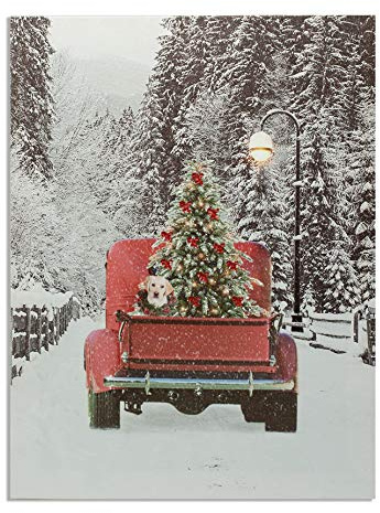 LED Wall Art - Lighted Red Pick-Up Truck Canvas Print - Light Up Picture with Winter Scene - Vintage Red Pickup Truck Carrying a Christmas Tree - Measures 15.75 X 11.75