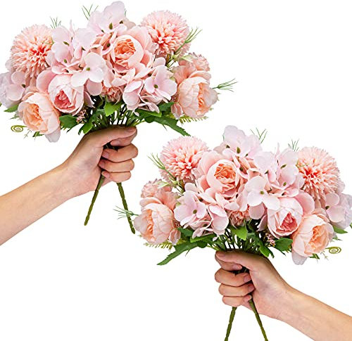 LAWOHO Artificial Flowers 4 Packs Pink Fake Peony Silk Hydrangea Bouquet Decor Plastic Carnations Daisy Realistic Flower Home Office Party Decor Arrangements Wedding Decoration Table Centerpieces
