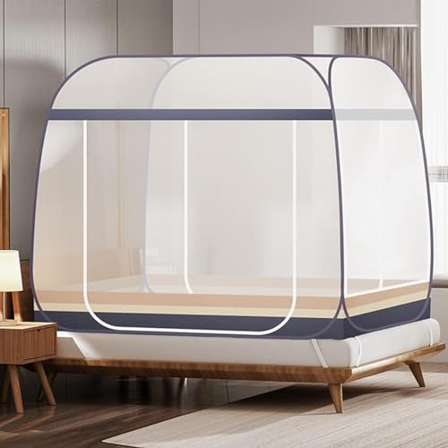 Tragbares Moskitonetz für Bett und Reisen, Pop Up Faltbares Insektenschutz mit Unterseite für Erwachsenenbett, Doppelte Tür Baldachin,(Grau,180×200×150cm)