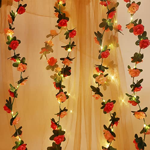 Fielegen 2.5M 30 LED Künstliche Blumen Lichterkette Fake Rosen Ranken mit LED Licht Batteriebetriebene Blumengirlande Lichterkette für Garten Hochzeit Party Valentinstag Geburtstags Festival Dekor