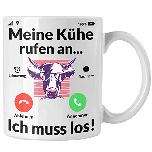 Trendation - Meine Kühe Rufen An Tasse Geschenk Landwirt Bauer Geschenkidee Landwirtin Kuh Grafik (Weiß)