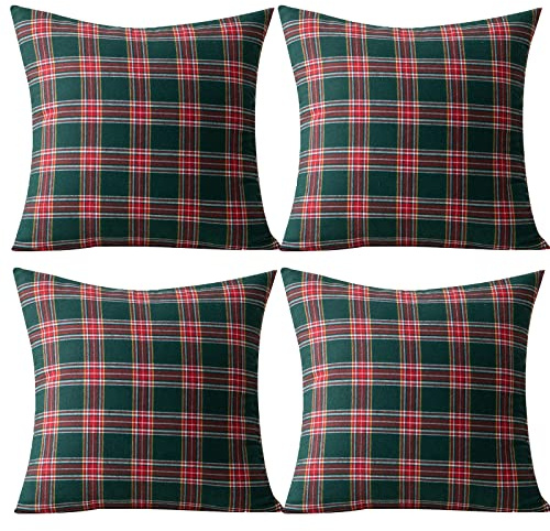 Qelus 4 er Kissenbezug Weihnachten Set, Kariert Plaid Kissenhülle 45x45cm, Weihnachtskissenbezug Dekorative Kissenbezüge Baumwolle Polyester, für Wohnzimmer Sofa Schlafzimmer (Rot und Grün)