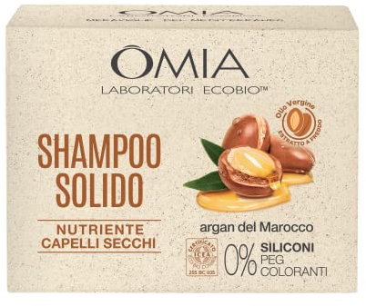 Omia, Shampoo Solido all'Argan del Marocco per Capelli Secchi, Formula Nutriente, Senza Siliconi e Coloranti, Adatta a Tutti i Tipi di Pelle. 50ml