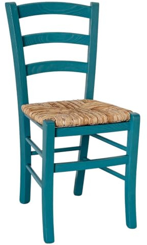 OKAFFAREFATTO MADDALONI Stuhl aus venezianischem Holz, türkiser Reisstroh-Sitz