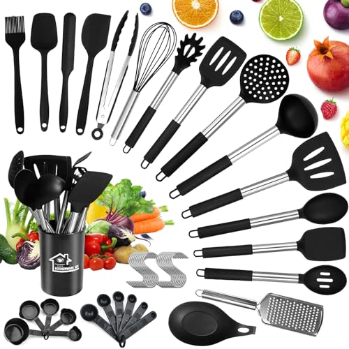 GUHAOOL Küchenutensilien Set 46 Stück Küchenhelfer Set, Silikon Küchenhelfer Set, Antihaft Hitzebeständiger Silikonspatel Set,Küchenutensilien mit Edelstahlgriff -18 S-Haken,Spülmaschinenfest(Schwarz)