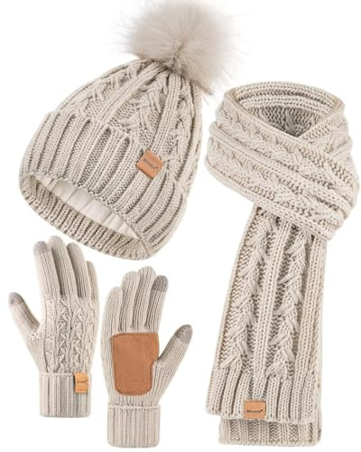 Winuesa Ensemble bonnet, écharpe et gants pour femmes, bonnet d'hiver pour femmes avec pompon doublé polaire chaud, bonnet à pompon gants écran tactile femmes écharpe cache-cou ensemble 3 en 1 pour