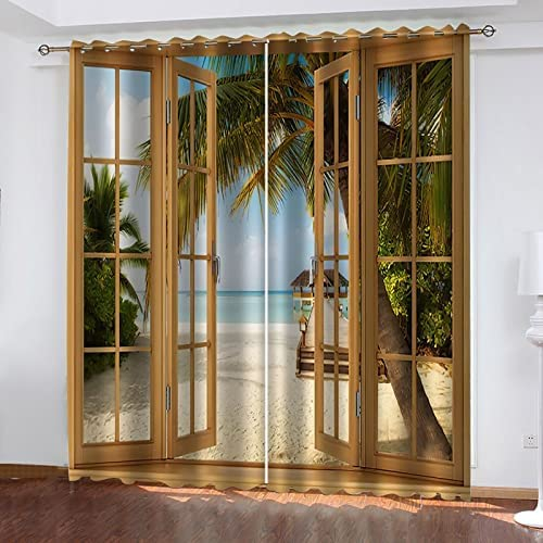 Kinder Verdunkelungsvorhänge Fenster Holzbrücke Meerblick 3D Polyester Ösen Vorhang, Für Wohnzimmer Schlafzimmer Blickdicht Schallschutzvorhänge 2Er Set 170 (B) X 200 (H) cm - Jungen Und Mädchen 3D G