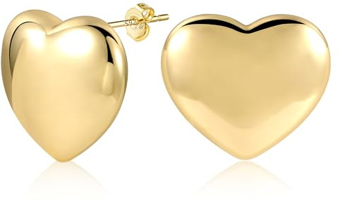 KISSPAT Pendientes Gruesos Mujer Oro, Pendientes Aro Corazon Grandes, Chunky, Ligero, Hipoalergénico, Plata 925, Chapados en 14K Oro, Moda, Regalos de Joyería para Mujeres Niñas