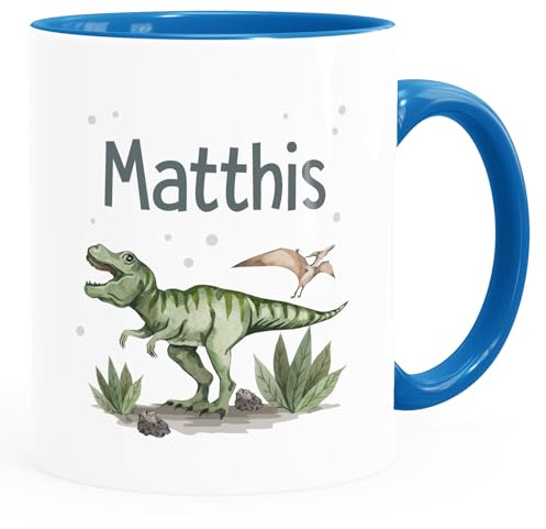 SpecialMe® Kindertasse Dino mit Namen personalisiert Dinosaurier Keramik Namenstasse für Kinder Jungen Mädchen Weiss-innen-blau standard