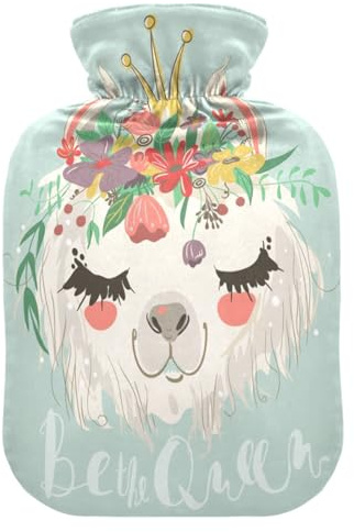 Wärmflasche mit niedlichem Lama-Alpaka-Motiv, mit Blumenmotiv, weich, warm, für Winter, Bett, Hand, Hals und Schultern, 1 l