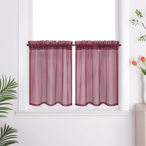 Joyswahl Voile Scheibengardine Küche »Ilia« Bistrogardine 2er Set Küche Gardinen Transparent Küchengardinen Uni Kurzstores Weinrot BxH 76x61cm 2 Stück
