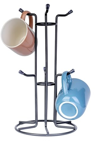 Homiu Black Metal Mug Tree - 6 Hooks, Holds 6 Large Mugs - Mug Holders for Kitchen - Sturdy Mug Stand Cup Holder Kitchen Accessories - Free Standing Mug Stand