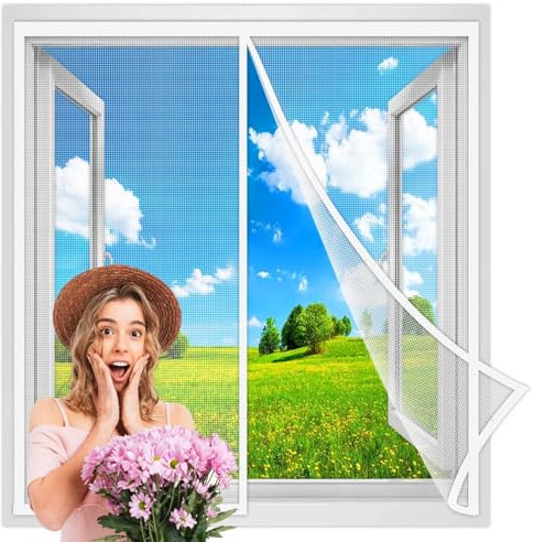 Fliegengitter Fenster 105x100 cm, Insektenschutz Fliegenschutzgitter Magnet Vorhang Fliegenvorhang Moskitonetz HäNde Frei Insektenschutz Fenstervorhang Weiß Verstärkte