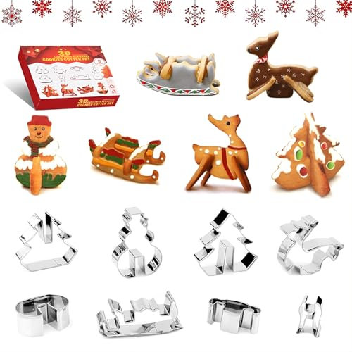 Veszoen 8 Piezas Molde de Galletas Navideñas 3D Cortador Galletas Cortadores de Galletas de Navidad Moldes para Galletas de Acero Inoxidable para Cookie, Fondant y Hornear