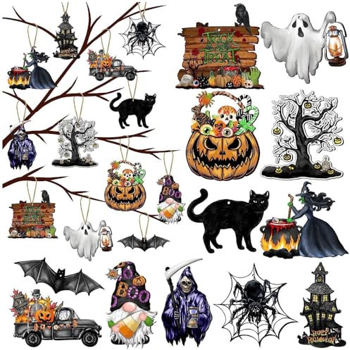 TOEECY 12 Piezas Halloween Arbol Adornos de Madera Calabaza Fantasma Murciélago Araña Parca Decoraciones Colgantes para Halloween Fiesta