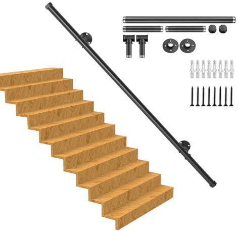 Handlauf Treppe, Rutschfester Treppengeländer Innen und Außen, Geländer Treppe Rohrförmiges Handfußgeländer,Wandhandlauf mit Zubehör Handlauf Schwarz Komplettset 1M