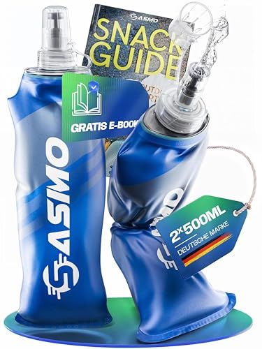 Faltbare Trinkflasche Soft Flask 2x500ml, BPA-Frei Ultraleicht - SASMO | Faltflasche Laufflasche für Laufweste, Wandern, Joggen, Radfahren, Trinkbeutel mit Schutzkappe, Geschmacksneutral, TPU