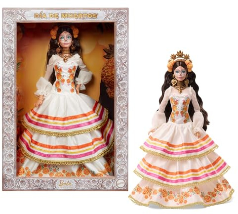 Barbie Signature Doll, Día De Muertos 2025 Collectible in Ruffled Cream Gown Trimmed with Marigolds and Ribbon, Flower Crown and Calavera Face Paint