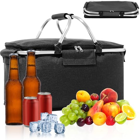 Einkaufskorb, Einkaufskorb Faltbar mit Deckel, Thermo als Picknickkorb, Reißverschluss am Deckel Tragekorb für Reisen, Picknick, Einkaufen, Schwarz, 40 x 23 x 20cm
