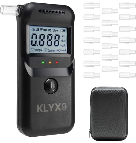 KLYX9 Alcoholimetro Profesional Homologado DGT, con Funda Regalo, Pantalla LCD, 20 Boquillas Esterilizadas. Alcoholimetro de Alta Precisión, Test de Alcoholemia, Prueba de Alcohol, Etilometro.