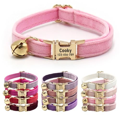 CHRYMPETIC Nicht Abnehmbares Samt Katzenhalsband Personalisiert mit Namen - Personalisierbares Halsband mit Glöckchen und Fliege Verfügbar (Rosa)