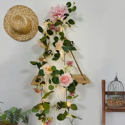 GUOCHENG Rose Flower Garland with String Lights, 6 Ft Silk Flowers Fairy Lights with Timer, Artificial Eucalyptus Garland Light for Wedding Arch Party Wall Room Decor-pink