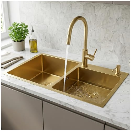 Fregadero De Cocina Doble Seno En Acero Inoxidable – Fregadero Encastrado O Bajo Encimera, Con Escurridor, Válvula De Desagüe, Rebosadero Y Dispensador De Jabón, Diseño Silencioso Rectangular(Gold,75x