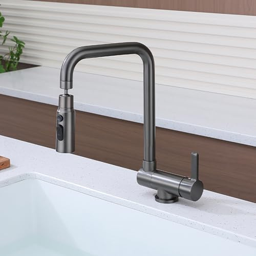 XJTNLB Wasserhahn Küche Klappbar Grau Küchenarmatur Flexibel Vorfenster Klappbar 180° mit 2 Strahlarten Küchenarmatur Vor Fenster Montage