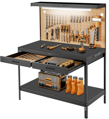 Pterying Work Benches for Garage, Heavy Duty Workbench with Drawers, Lights, Pegboard & 12 Hooks, 600LBS Capacity, Suitable for Tool Organizers and Storage for Workshop, Basement, Garden