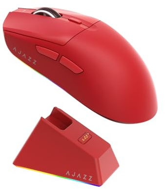 AJAZZ AJ139 V2 MC Wireless Gaming Mouse, PAW3311 Sensor, 24K DPI, 2.4G/USB-C/BT, 500mAh Battery, Ultra-Light 66g, RGB Magnetic Charging Base, 80 Million Clicks Life, Compatible with PC and Mac, Red