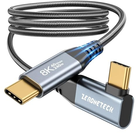 ZeroneTeck Cable Thunderbolt 4 USB4 1M: Cable Usb C Video 4K/8K HDR, 40Gbps, 240W Carga Rápida, Compatible con iPhone 17/16, MacBook Air/Pro M1/M2, Mac Studio, Studio Display (Ángulo de 90°)