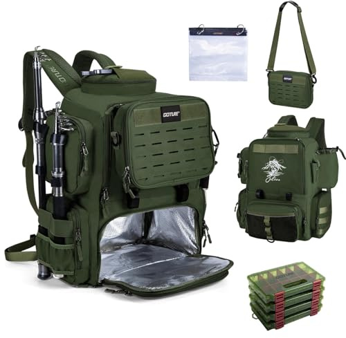 Goture Angelrucksack mit 4 Köderbox Angeln, 58-Liter mit Kühlfach & Abnehmbarer Umhängetasche, Rutenhalter, 900D Wasserabweisend, Große Angeltasche für Camping Wandern