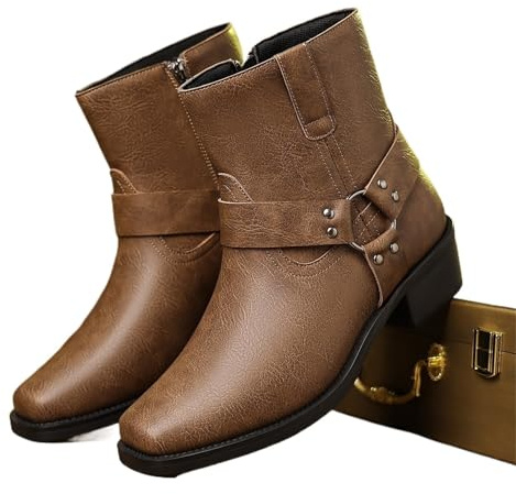 HYFEUOKF Botas vaqueras vintage de cuero marrón for hombre, botas de media caña, botas de caballero, botines cortos de motociclista modernos y modernos, zapatos for hombre(Brown,42)