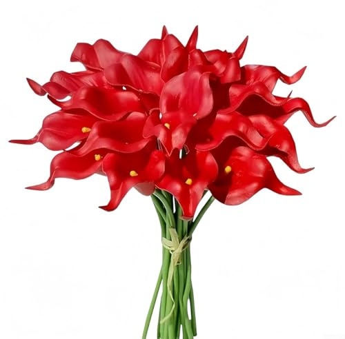 10 flores artificiales de lirio de cala de poliuretano adecuadas para ramos de boda, decoración del hogar y manualidades florales (rojo)