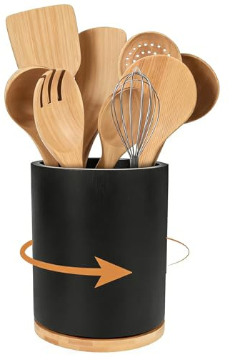 unbholkk KüChenutensilienhalter Aus Holz, 360° Drehbarer Kreis KochlöFfelhalter, GroßE KapazitäT & Vielseitigkeit, Utensilienhalter KüChe FüR LöFfel, Gabeln, KochlöFfel (Schwarz)