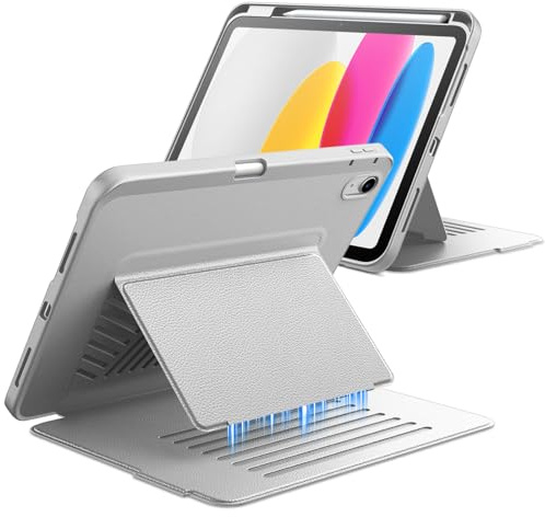 JETech Funda Soporte Multiángulo para iPad (A16) 11.ª/10.ª Generación (2025/2022), Porta Ultra Estable, Carcasa Slim Antigolpes con Estante para Pencil, Respaldo Esmerilada Antihuellas (Plata)