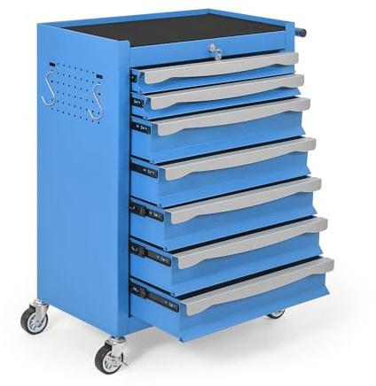 7-Drawer Tool Chest, Rolling Tool Cart, Large Capacity Tool Storage Cabinet with Keyed Locking and Drawer Liners, Link Buckle, and Can Be Combined to Large Cabinet Set, for Garage, Workshop, Warehouse