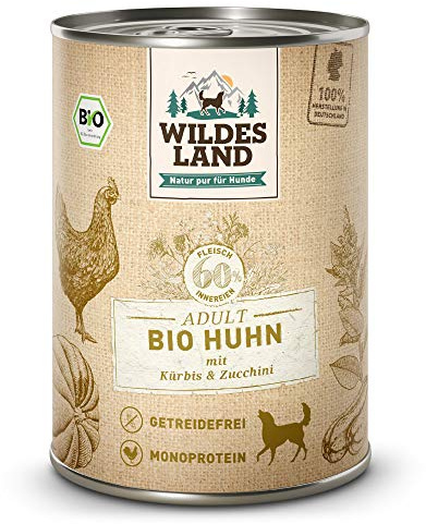 WILDES LAND – Huhn | Nassfutter mit extra hohem Fleischanteil und natürlichen Zutaten für ausgewachsene Hunde. Getreidefreies Alleinfutter ohne Zusatzstoffe in der Dose | 6x400g Huhn