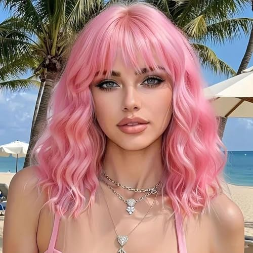 colorful panda ColorfulPanda rosa kort vågig peruk medellång syntetisk peruk hög temperaturbeständig fiberperuk limmfri peruk för kvinnor med lugg cosplay kostym peruk