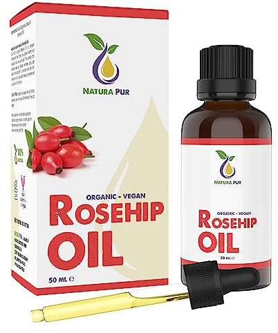 Hagebuttenöl BIO 50ml (Wildrosenöl) - 100% kaltgepresst, vegan, in Glasflasche - Hagebuttenkernöl für Gesicht, Körper, Haare, Haut, Hände, Kopfhaut