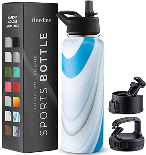 FineDine Insulated Water Bottle with Straw, 40 Oz, Exquisite Blue Marble