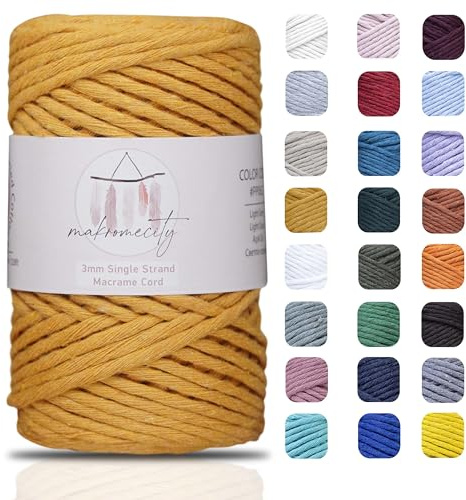 Makromecity, Cordón de macramé de una sola hebra de 3 mm x 109 yardas (328 pies), cordón de algodón trenzado simple de 3 mm, mostaza, para macramé, arte y manualidades para colgar en la pared, hilo de