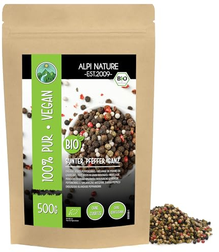 Alpi Nature Organic Mixed Peppercorns 500g 1.1 lb, Black, White, Pink and Green Whole Peppercorns