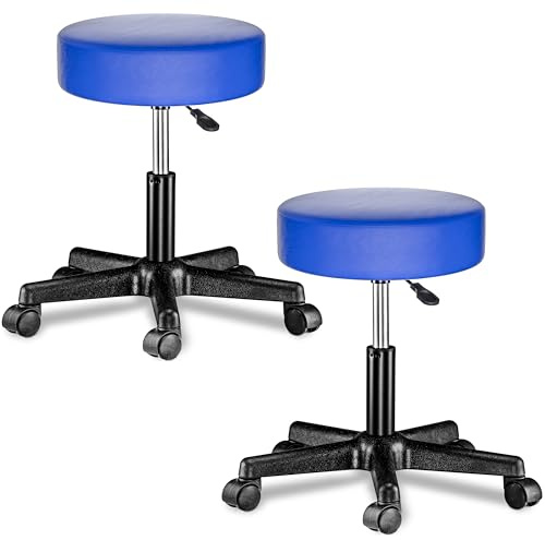 CASARIA® 2X Taburete Oficina Giratorio 360° Redondo Ø 35cm con Ruedas Silla Escritorio Trabajo Altura Regulable 46-60cm Acolchado 10cm Resistente Azul