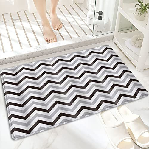 Badematte, rutschfest Waschbar Badezimmerteppich 60x100 cm,Geometrisches Zickzack Chevron Grau Schwarz We,Badvorleger mit Wasserabsorbierenden, Weichen Mikrofasern für Badewanne, Dusche und Badezimmer