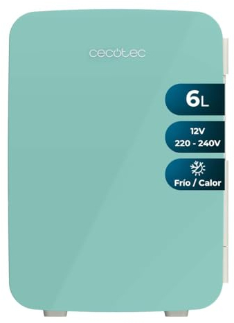 Cecotec Nevera Pequeña de 6 l, Bolero MiniCooling Bahamas Mint, 12V-220V, Compatible con Coches y Caravanas, 7 a 65°C, Función Enfriamiento y Calentamiento, Transporte Fácil