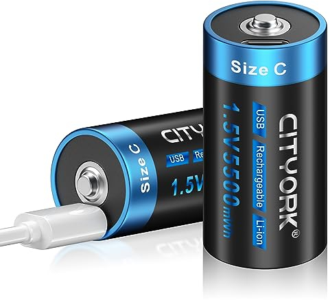 CITYORK Batterie ricaricabili USB tipo C, ad alta capacità, 1,5 V, 5500 mWh, agli ioni di litio, con cavo di ricarica di tipo C, confezione da 2